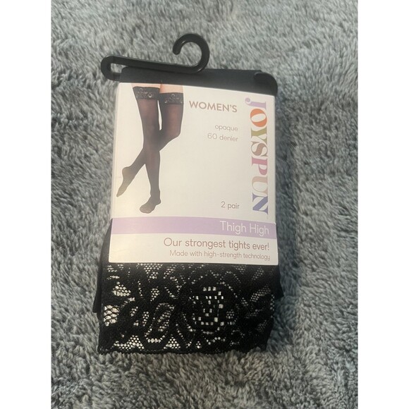 NWT Women's Joyspun Lace Thigh High Opaque  Stockings Black Up To 164 Lb 2-pair - Picture 1 of 5